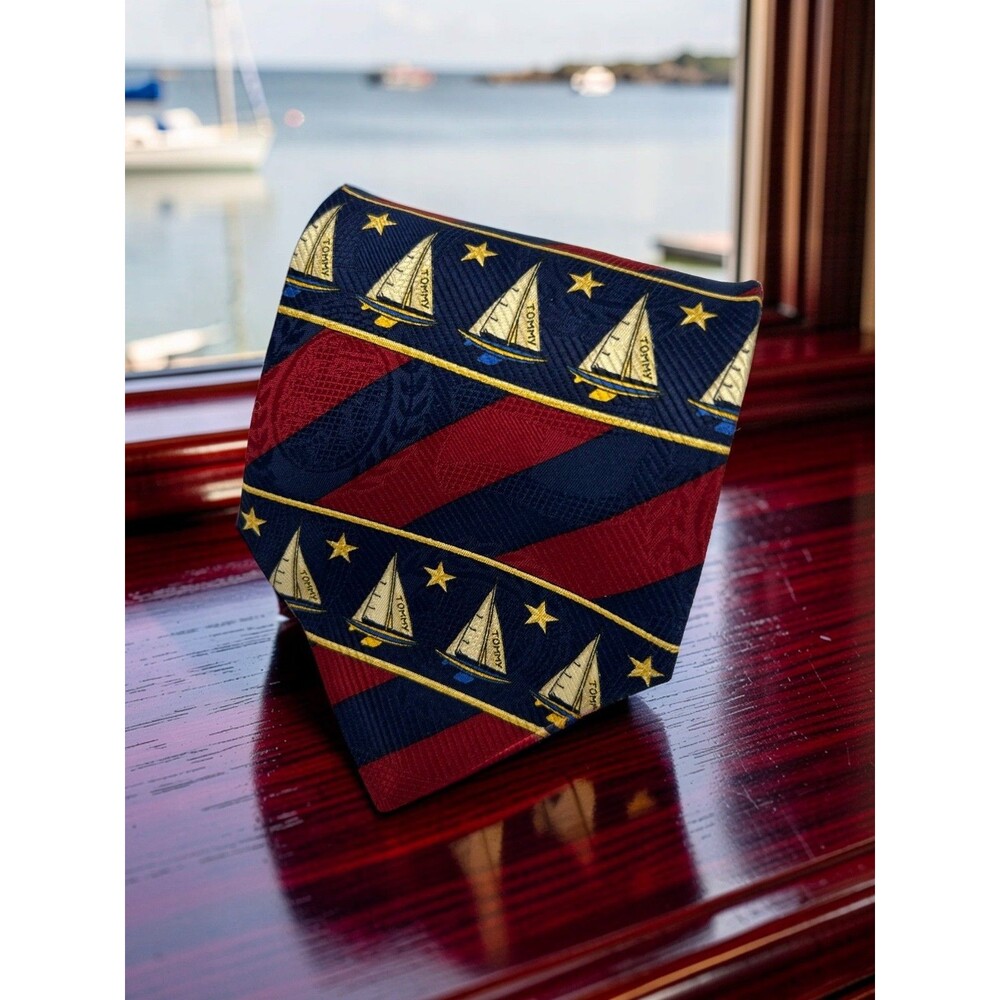 Tommy Hilfiger Silk Tie Navy Red Sailboat Stars Nautical Preppy USA 57.5” x 3.75